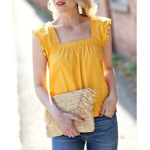 J.Crew Square Neck Yellow Pom-Pom Sleeve Top Size 6 Small